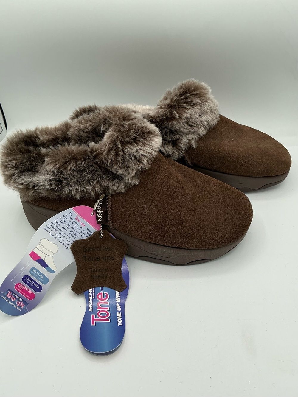 Skechers Brown Faux-Fur Trim Tone up clogs NWT size 8